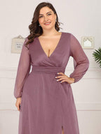 Plus Size V-Neck Shiny Long Sleeve Maxi Dress #color_Purple Orchid