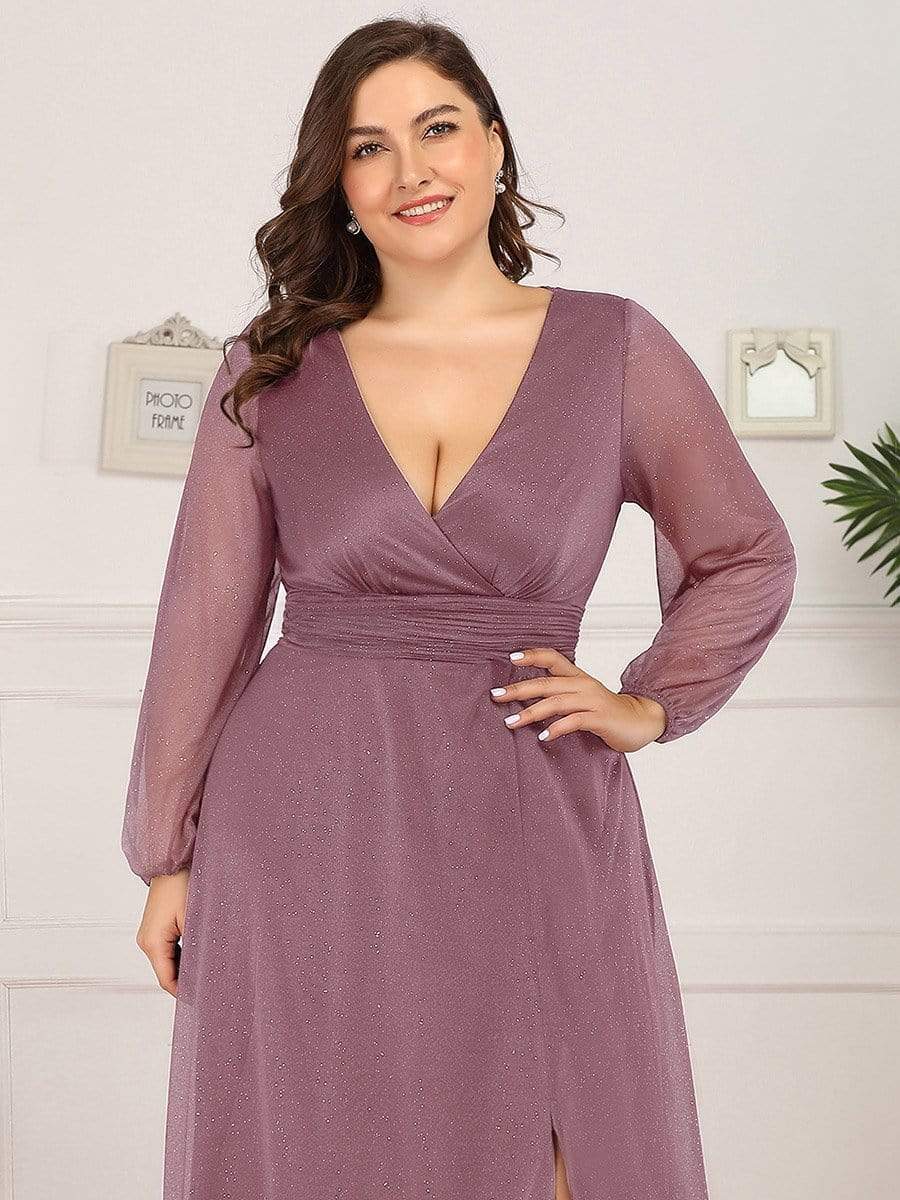 Plus Size V-Neck Shiny Long Sleeve Maxi Dress #color_Purple Orchid
