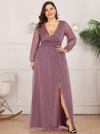 Plus Size V-Neck Shiny Long Sleeve Maxi Dress #color_Purple Orchid