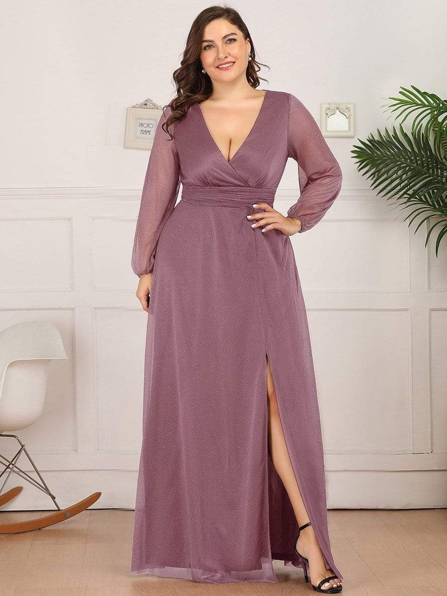 Plus Size V-Neck Shiny Long Sleeve Maxi Dress #color_Purple Orchid