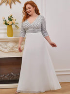 Plus Size V Neck Sequined Dress #color_White