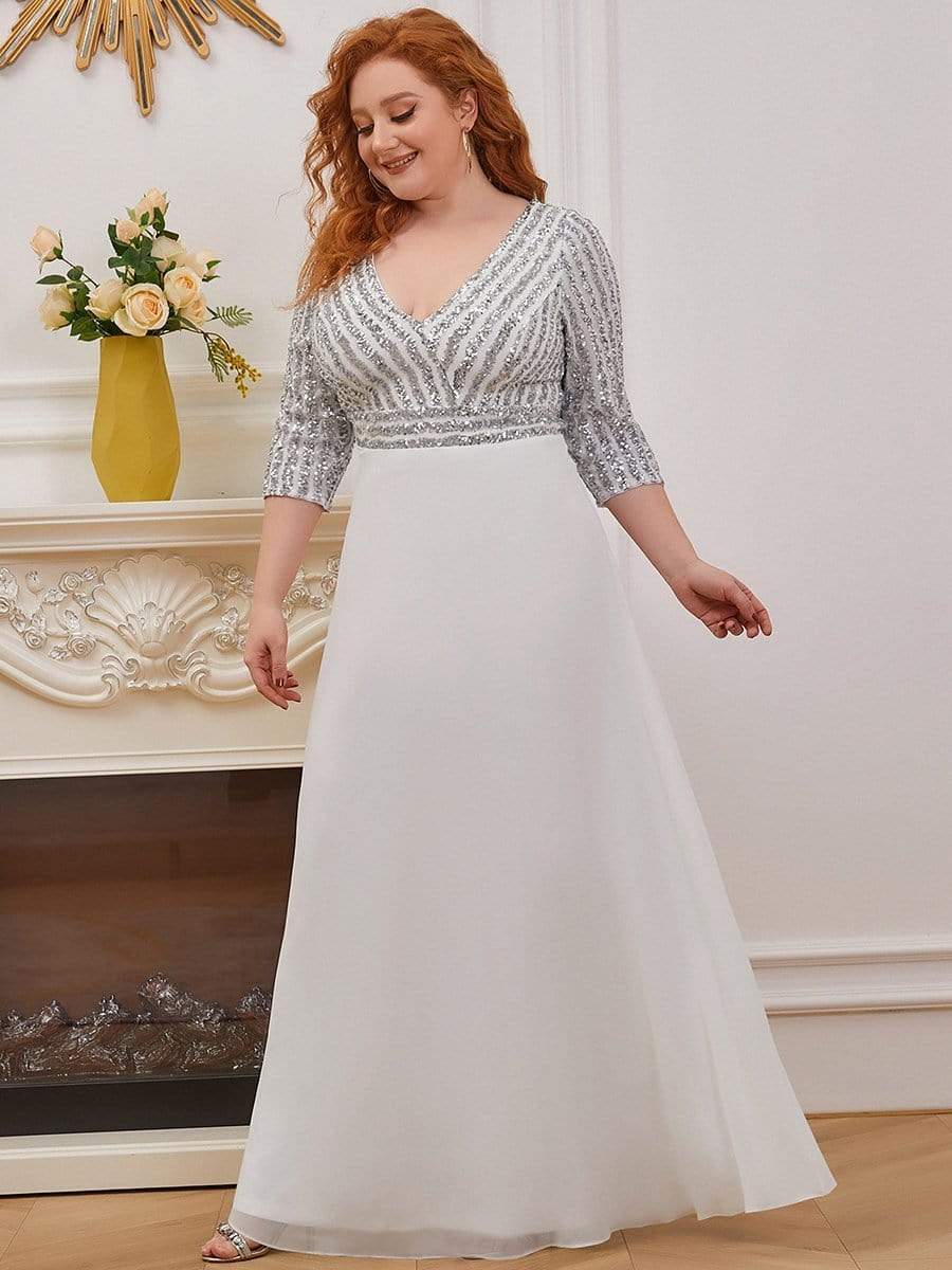 Plus Size V Neck Sequined Dress #color_White