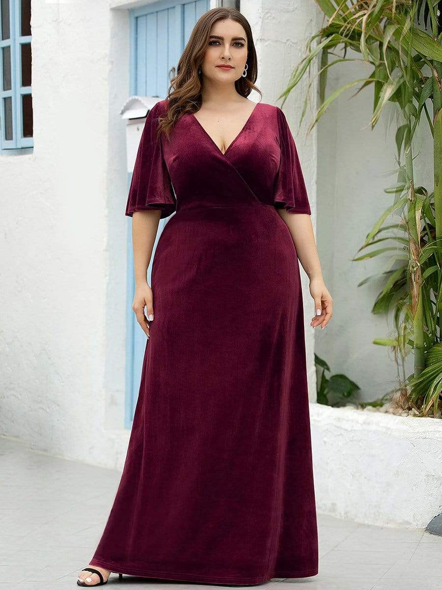Plus Size Velvet Maxi Dress #color_Burgundy