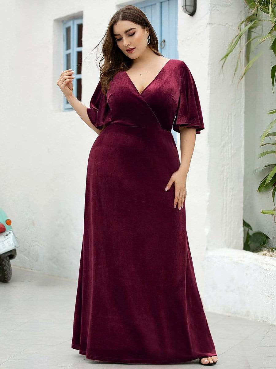 Plus Size Velvet Maxi Dress #color_Burgundy