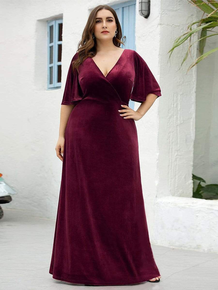 Plus Size Velvet Maxi Dress #color_Burgundy