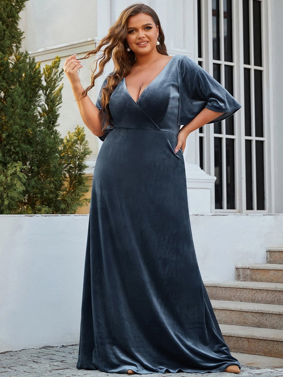Plus Size Velvet Maxi Dress #color_Dusty Blue