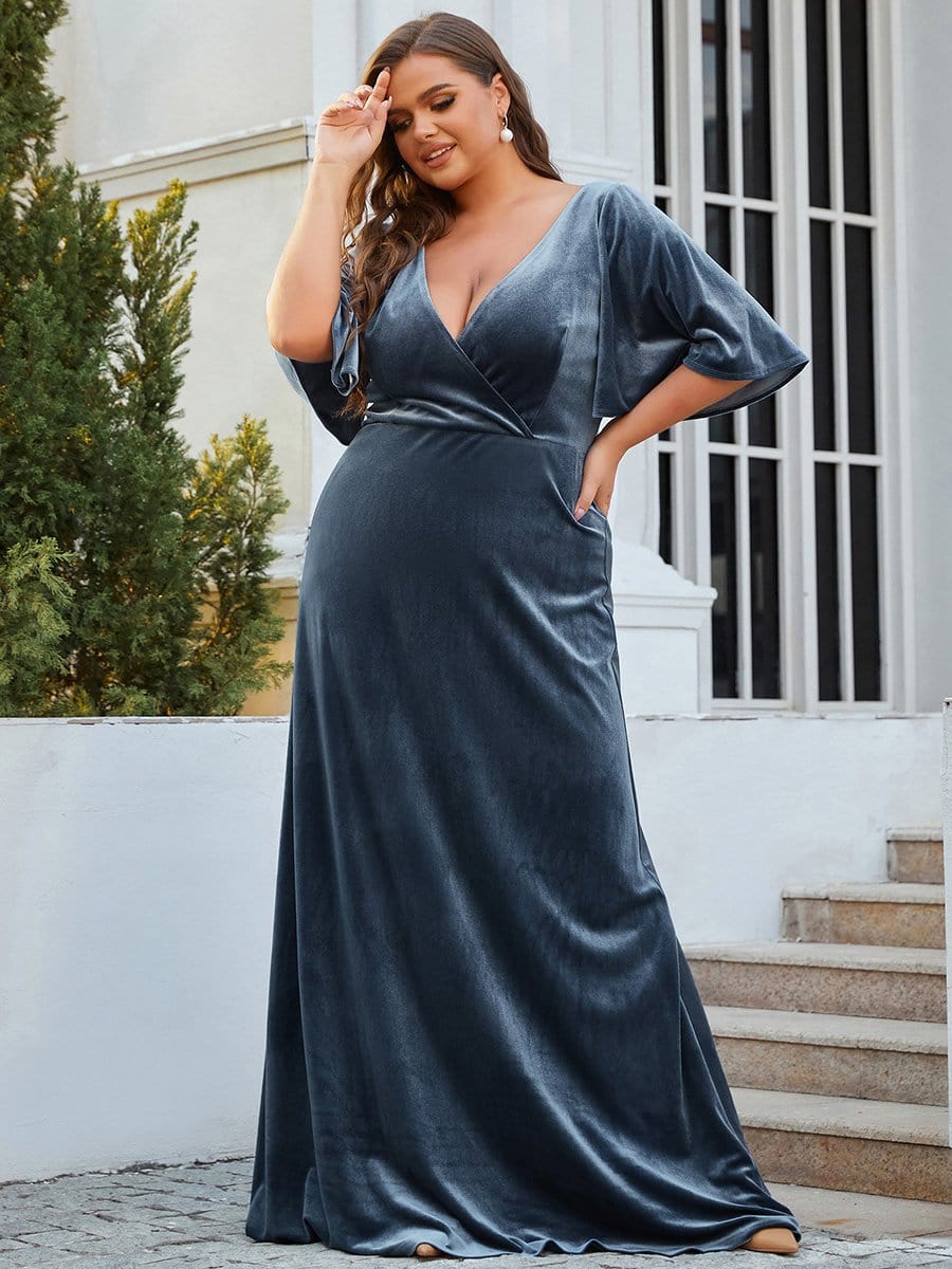 Plus Size Velvet Maxi Dress #color_Dusty Blue