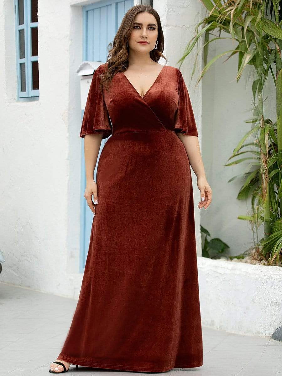 Plus Size Velvet Maxi Dress #color_Brick Red