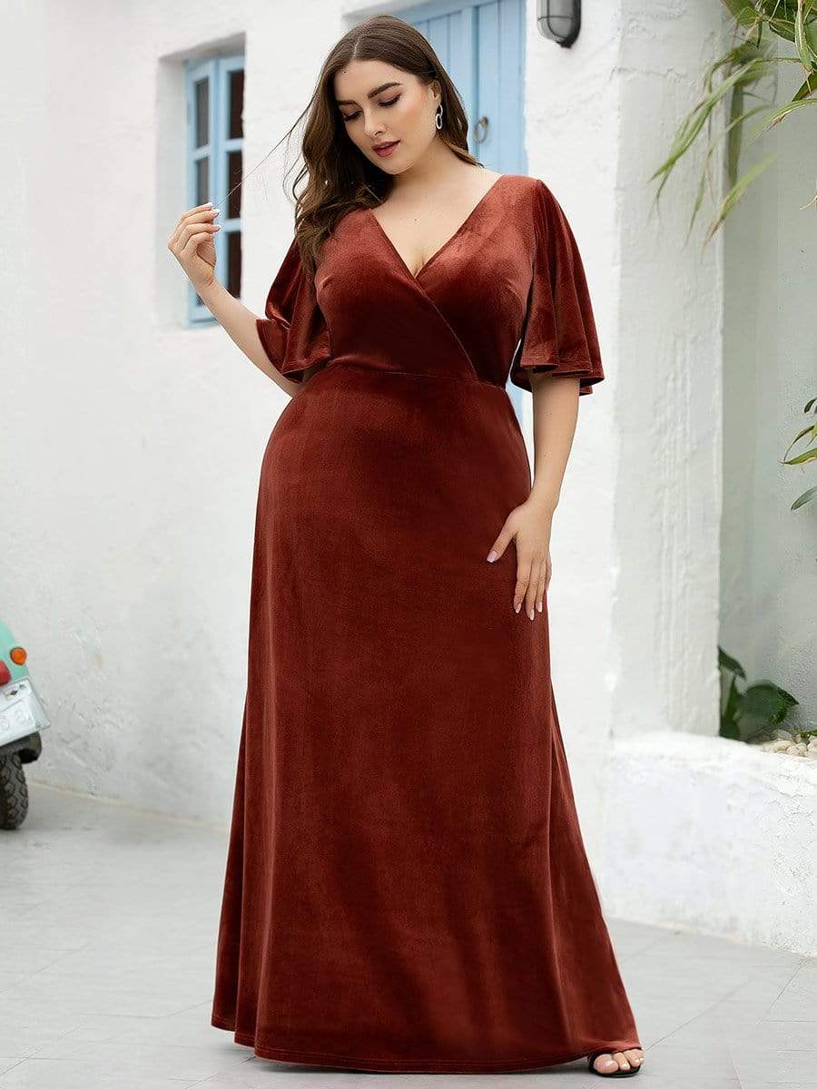 Plus Size Velvet Maxi Dress #color_Brick Red