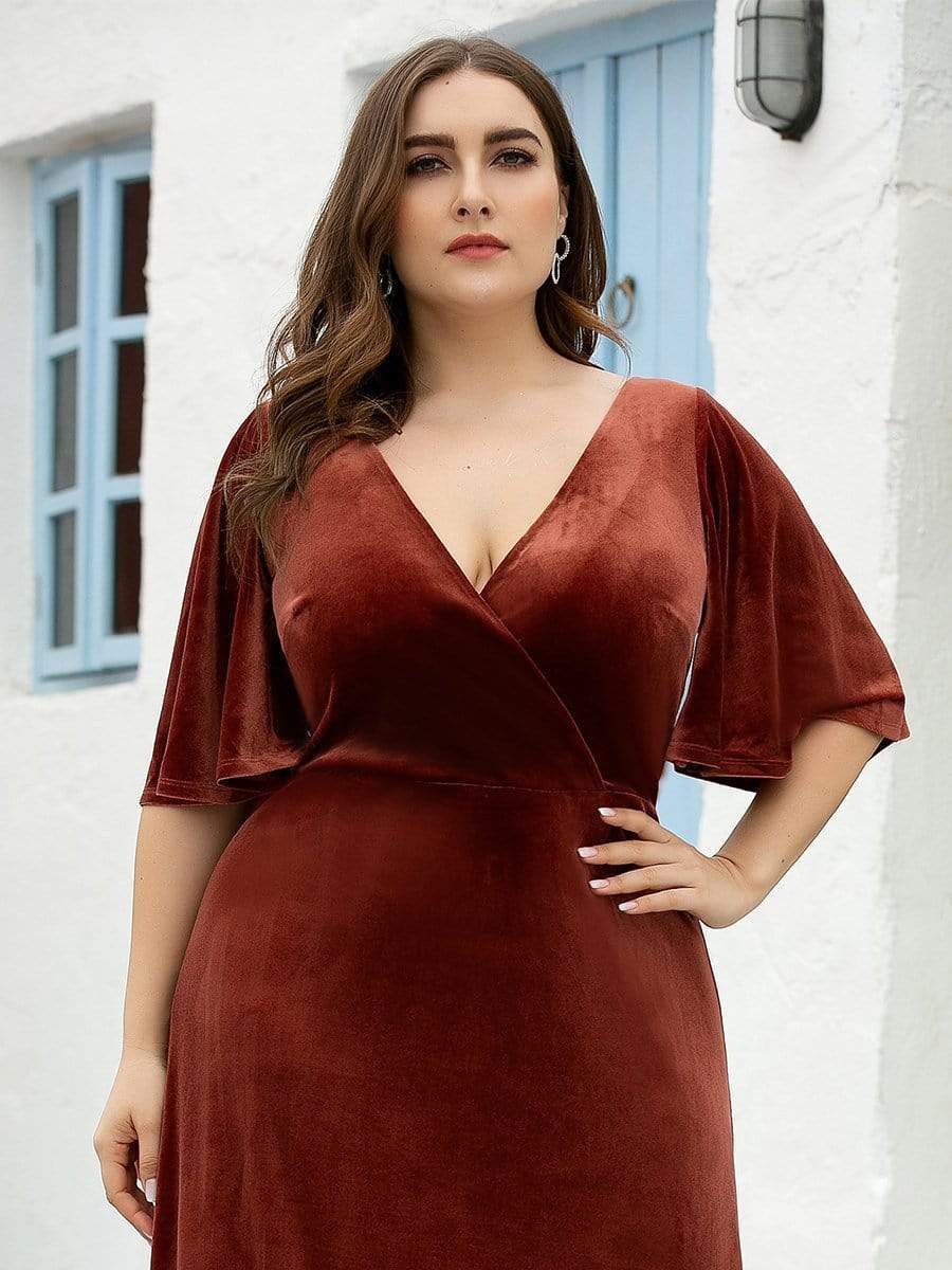 Plus Size Velvet Maxi Dress #color_Brick Red