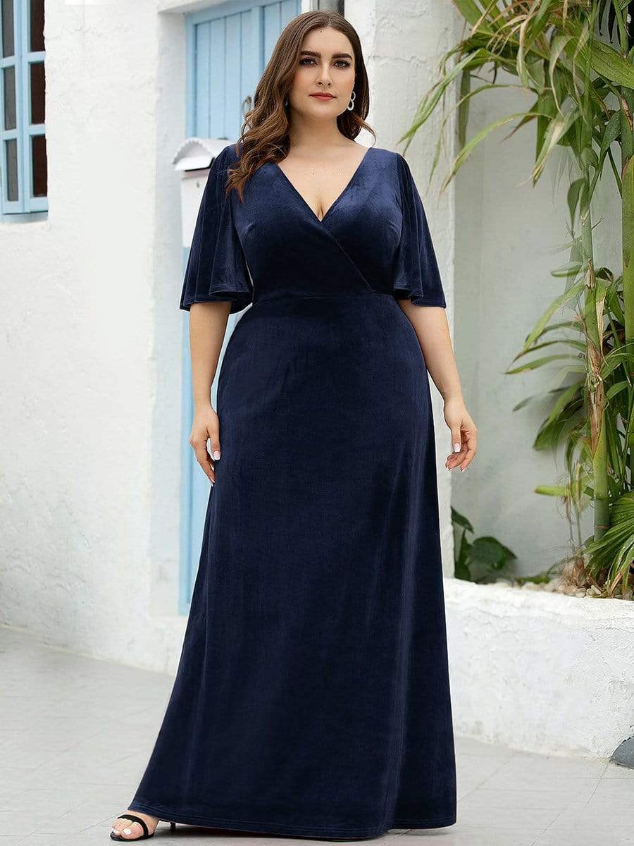 Plus Size Velvet Maxi Dress #color_Navy Blue