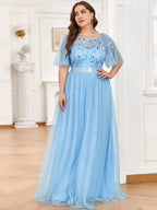 Plus Size Sequined Tulle Maxi Dress with Satin Waist Accent #color_Sky Blue