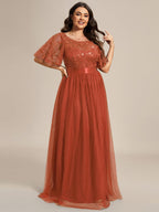 Plus Size Sequined Tulle Maxi Dress with Satin Waist Accent #color_Burnt Orange
