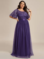 Plus Size Sequined Tulle Maxi Dress with Satin Waist Accent #color_Dark Purple