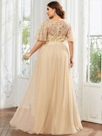 Plus Size Sequined Tulle Maxi Dress with Satin Waist Accent #color_Gold