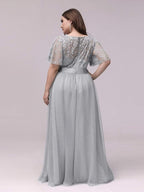 Plus Size Sequined Tulle Maxi Dress with Satin Waist Accent #color_Grey