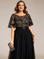 Plus Size Sequined Tulle Maxi Dress with Satin Waist Accent #color_Black & Gold