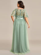 Plus Size Sequined Tulle Maxi Dress with Satin Waist Accent #color_Sage Green