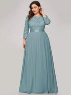 Plus Size 3/4 Sleeve Lace Dress #color_Light Teal