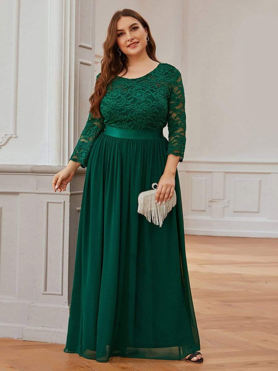 Plus Size 3/4 Sleeve Lace Dress #color_Dark Green