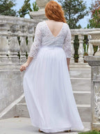 Plus Size 3/4 Sleeve Lace Dress #color_White