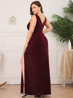 Plus Size Shiny V Neck Side Slit Maxi Dress #color_Burgundy 