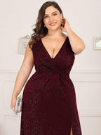 Plus Size Shiny V Neck Side Slit Maxi Dress #color_Burgundy 