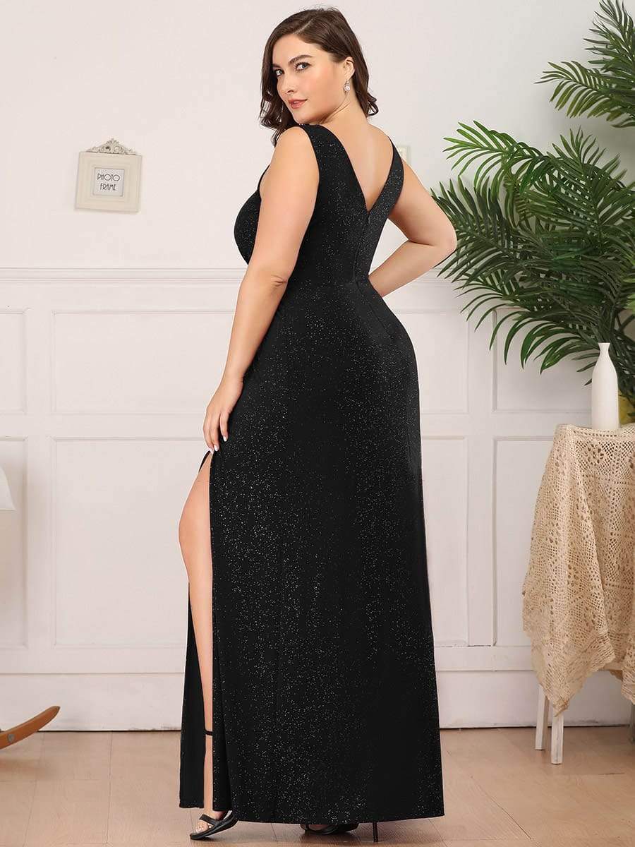Plus Size Shiny V Neck Side Slit Maxi Dress #color_Black 
