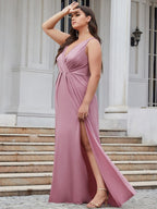 Plus Size Shiny V Neck Side Slit Maxi Dress #color_Purple Orchid 