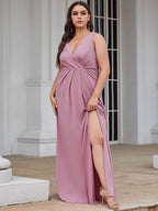 Plus Size Shiny V Neck Side Slit Maxi Dress #color_Purple Orchid 