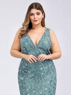 Plus Size V-Neck Sequin Bodycon Tulle Maxi Dress #color_Light Teal