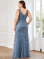 Plus Size V-Neck Sequin Bodycon Tulle Maxi Dress #color_Dusty Blue