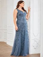 Plus Size V-Neck Sequin Bodycon Tulle Maxi Dress #color_Dusty Blue