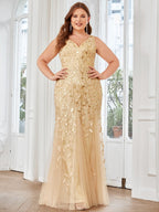 Plus Size V-Neck Sequin Bodycon Tulle Maxi Dress #color_Gold