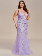 Plus Size V-Neck Sequin Bodycon Tulle Maxi Dress #color_Lavender