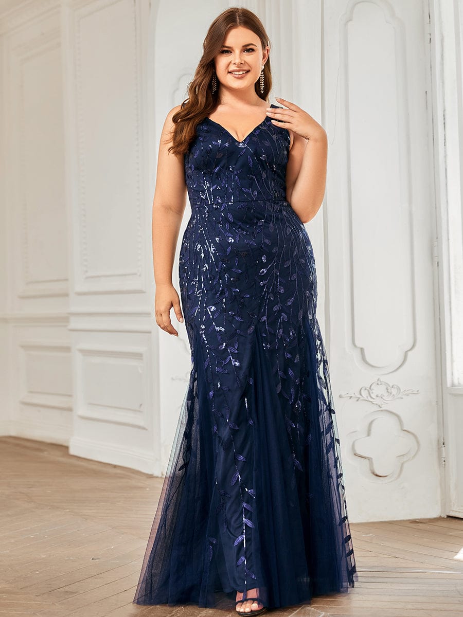 Plus Size V-Neck Sequin Bodycon Tulle Maxi Dress