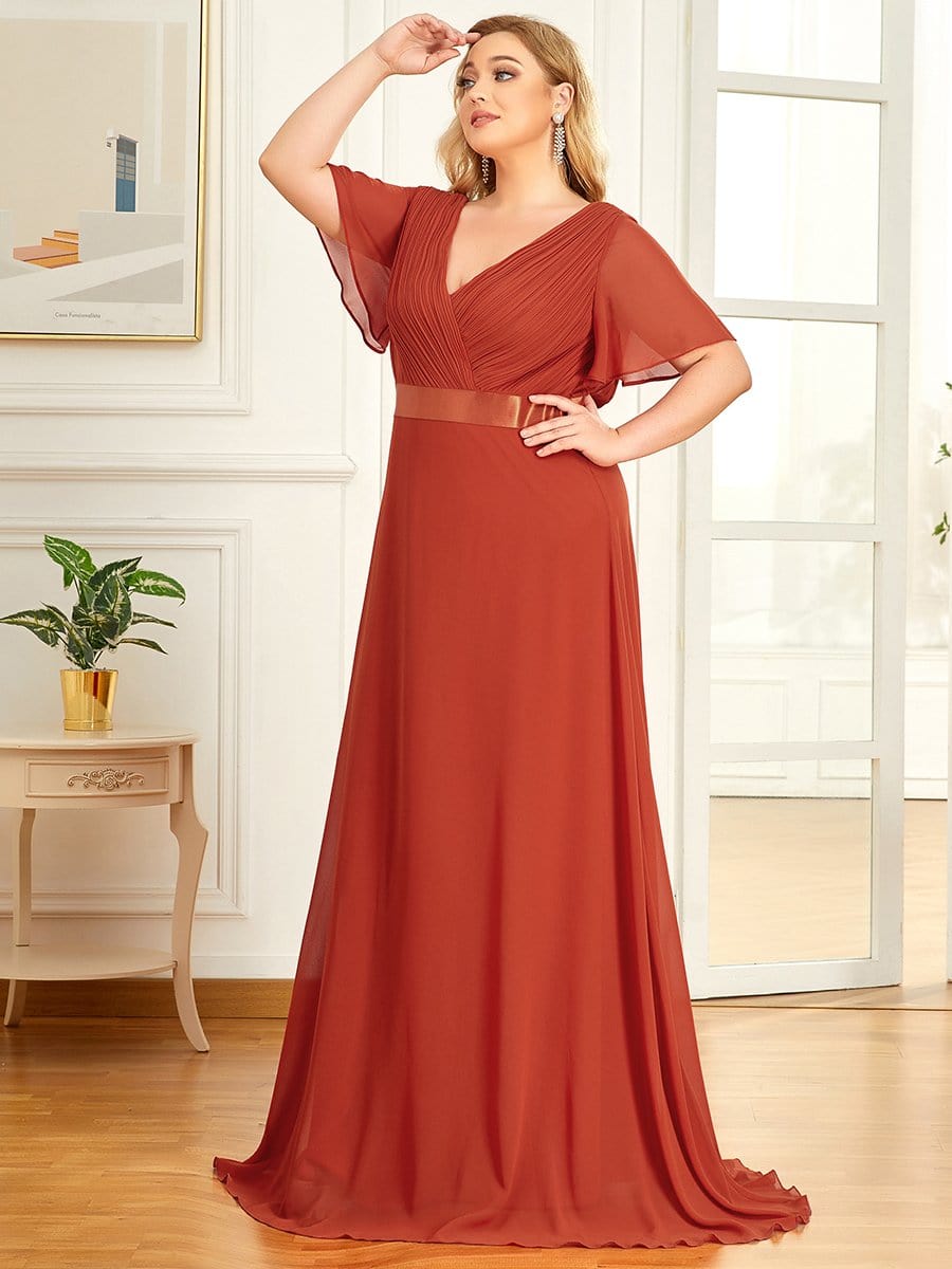Plus Size Empire Waist Chiffon Maxi Dress with Short Sleeves #color_Burnt Orange