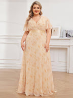 Plus Size Empire Waist Chiffon Maxi Dress with Short Sleeves #color_Golden Roses