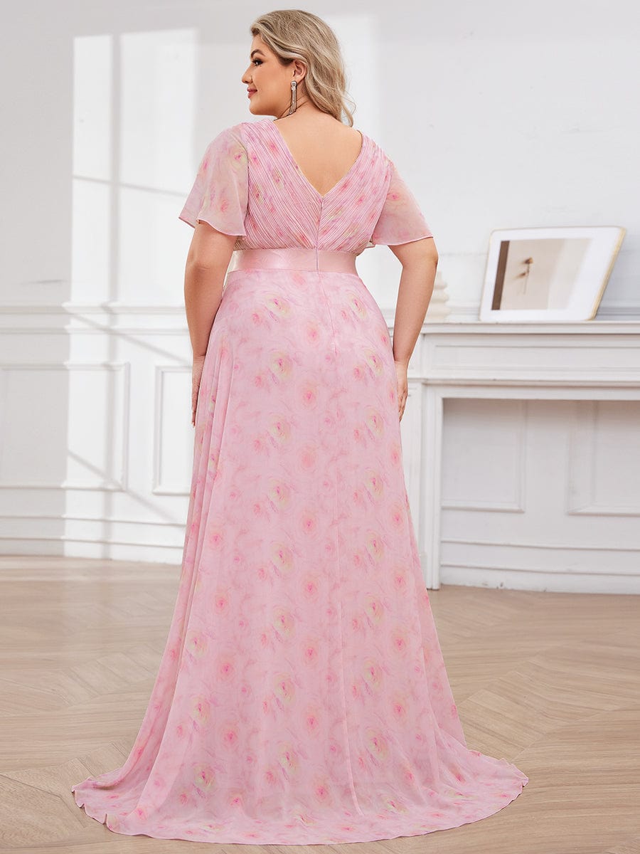 Plus Size Empire Waist Chiffon Maxi Dress with Short Sleeves #color_Light Purple Roses