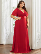 Plus Size Empire Waist Chiffon Maxi Dress with Short Sleeves #color_Red