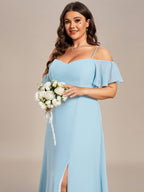 Plus Size Cold Shoulder Maxi Dress with Side Slit #color_Sky Blue