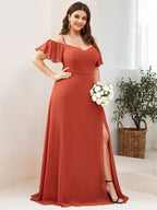 Plus Size Cold Shoulder Maxi Dress with Side Slit #color_Burnt Orange