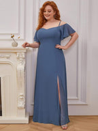 Plus Size Cold Shoulder Maxi Dress with Side Slit #color_Dusty Blue