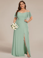 Plus Size Cold Shoulder Maxi Dress with Side Slit #color_Sage Green