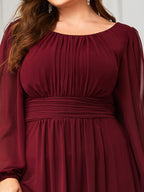 Plus Size Long Puff Sleeve Chiffon Maxi Dress #color_Burgundy