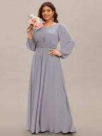 Plus Size Long Puff Sleeve Chiffon Maxi Dress #color_Grey