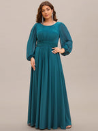 Plus Size Long Puff Sleeve Chiffon Maxi Dress #color_Teal