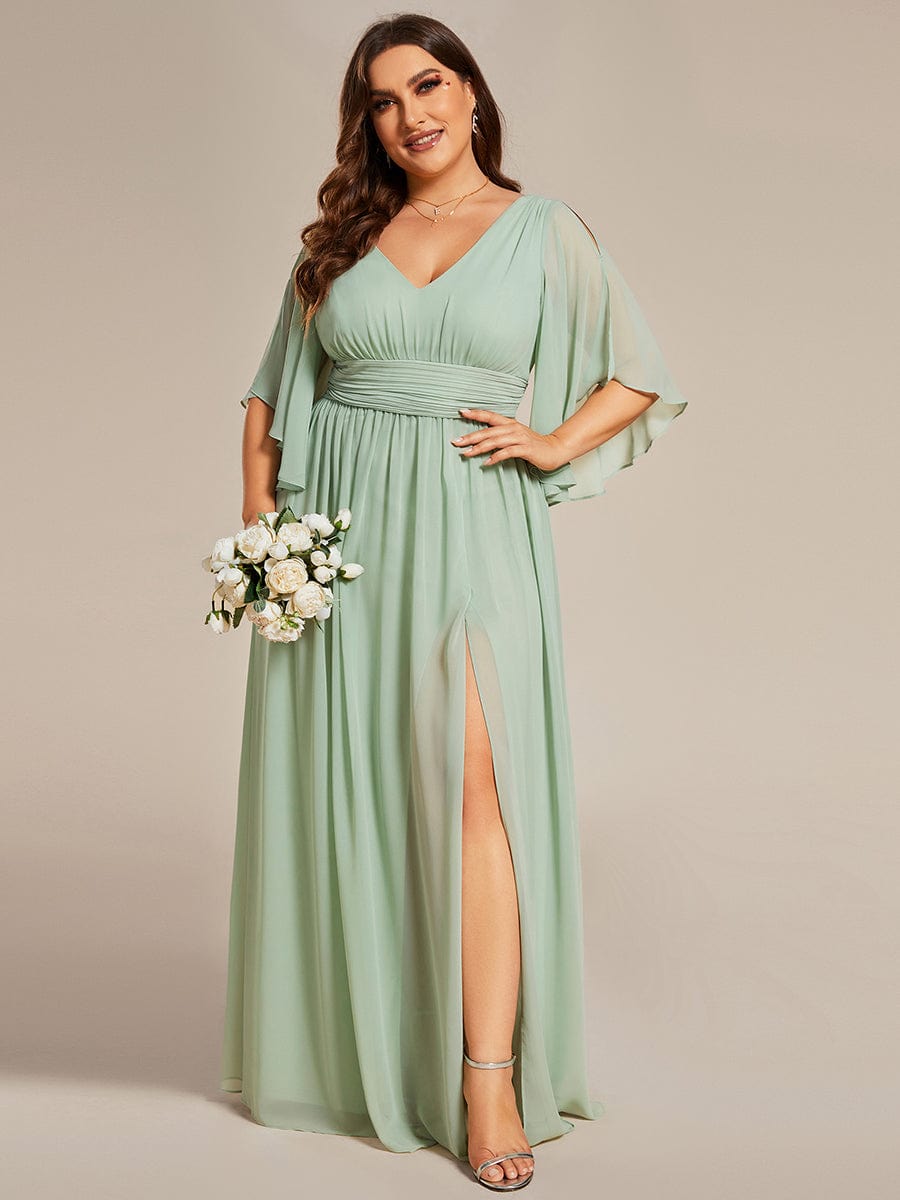 green chiffon dress plus size EVERPRETTY Plus Size Chiffon Ruched Waist Short Sleeve Slit Thigh Sage Green Bridesmaid Dress Elegant Summer Early Autumn Wedding Guest Party Dress Elegant Mother Of Bride Dresses Party Dresses For Women |