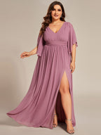Plus Size Half Sleeve Pleated Chiffon Dress #color_Purple Orchid