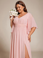 Plus Size Half Sleeve Pleated Chiffon Dress #color_Pink